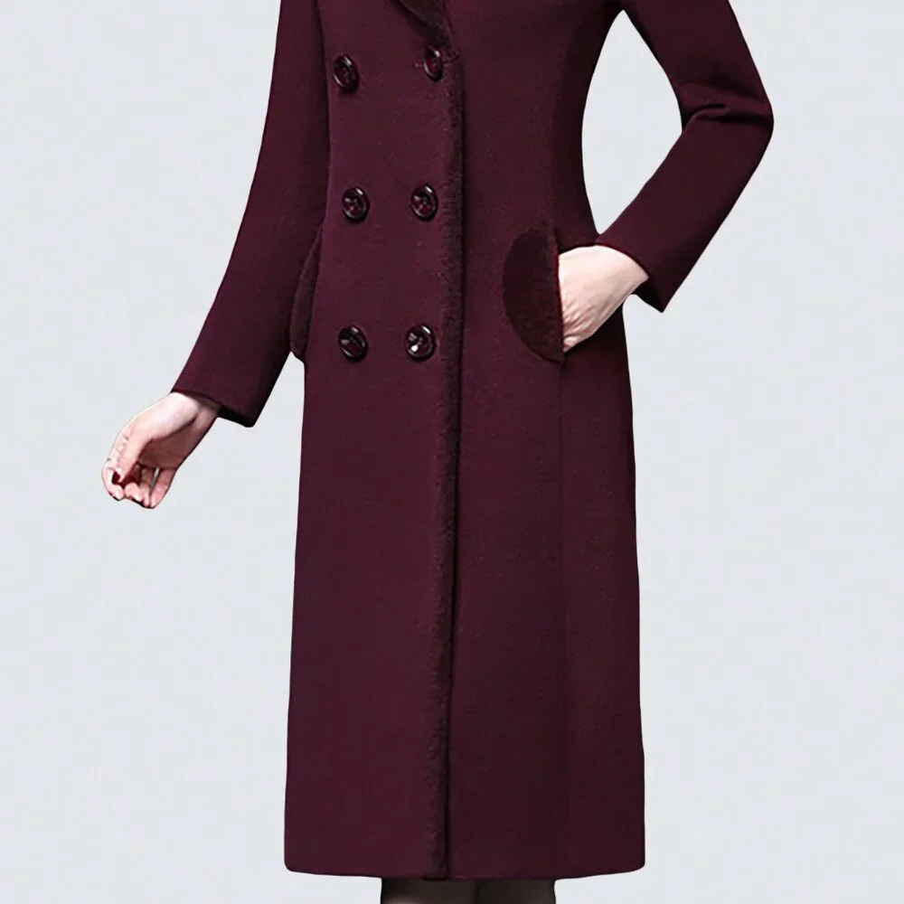 Purple Casual Women's Stylish Double-Breasted Notched Lapel Midi Pea Coat - Picture 6 of 6